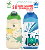 Vagonlife 2'Lİ SET 350 ML Çocuk Pipetli Çelik Matara Paslanmaz Çelik Termos 5 Farklı Renk 2055-350ML (Yeşil-Mavı)