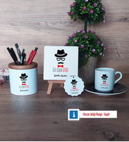 En Cool Baba Hediye Seti Dekoratif Taş, Kalemlik, Ahşap Altlıklı Türk Kahvesi Fincanı, Ahşap Anahtarlık Hediye Babaya Hediye (Model 7)