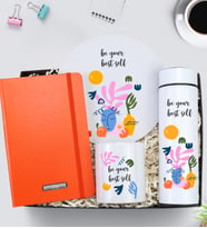 Kişiye Özel 500 ML Tasarım Beyaz Termos & Mousepad & Defter & Kalemlik Hediye Seti (Turuncu)