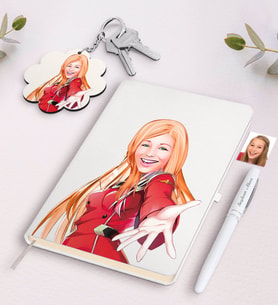 BK Gift Kişiye Özel Bayan Karikatürlü Siyah Defter Kalem Ve Anahtarlık Hediye Seti-34 (Model 2)