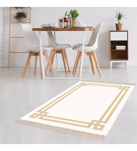 Geometrik Desenli Dijital Baskı Yıkanabilir Kaymaz Taban Düz Model Salon Halısı ve Yolluk (Bej) (Gold)
