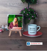Teyzeye Doğum Günü Hediyesi Fotoğraflı Dekoratif Taş, Ahşap Altlıklı Türk Kahvesi Fincanı Hediye (Model 8)