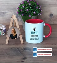 Felsefe Öğretmeni Kupa Bardak Beyaz ve Fotoğraflı Ahşap Anahtarlık Hediye Öğretmenler Günü Hediyesi (Model 2)