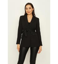 Kadın  Kuşaklı Astarlı Blazer Ceket (Siyah)