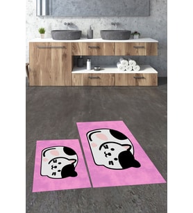 EVDEYA 3D Dijital Baskılı Yıkanabilir Kedi Desenli İkili Banyo Halısı Paspas Klozet Takımı, KLOZET-43-BEYAZ, (Pembe)