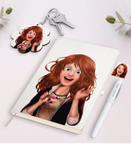 BK Gift Kişiye Özel Kadın Animasyon Karikatürlü Siyah Defter Kalem Ve Anahtarlık Hediye Seti-11 (Model 2)
