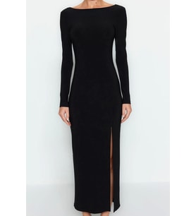Moda Stil Slim Kayık Yaka Maxi Boy Düz Bodycone Sırt Baskılı Örme Elbise Vücuda Oturan Esnek (Siyah)
