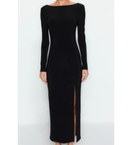 Moda Stil Slim Kayık Yaka Maxi Boy Düz Bodycone Sırt Baskılı Örme Elbise Vücuda Oturan Esnek (Siyah)