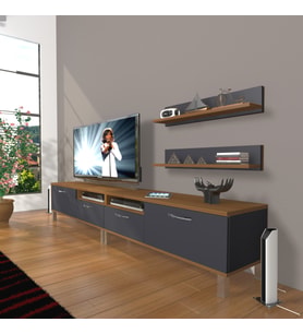 Decoraktiv Eko 220r Mdf Krom Ayaklı Tv Ünitesi Tv Sehpası (Antrasit - Ceviz)