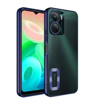 Vivo Y16 Kılıf Logo Yeri Açık Kamera Lens Korumalı Renkli Kenarlı Şeffaf Silikon (Lacivert)