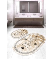 Dijital Baskılı Kaymaz Taban Yıkanabilir Oval 2'li Klozet Takımı Banyo Paspası NOKZ-SD-1030 (Kahverengi)