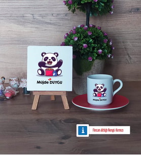 Sevimli Panda Dekoratif Taş, Türk Kahvesi Fincanı Kırmızı İsme Özel Hediye (Model 1)