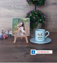 Emlakçı Fotoğraflı Dekoratif Taş, Ahşap Altlıklı Türk Kahvesi Fincanı Hediye (Model 2)