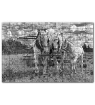 Cakapuzzle Hasat Yapan İki At Yanlarında Tay Monokrom Puzzle Yapboz MDF (Ahşap) (255 Parça)