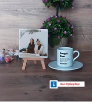Arkadaşa Hediye Fotoğraflı Dekoratif Taş, Ahşap Altlıklı Türk Kahvesi Fincanı Hediye (Model 2)