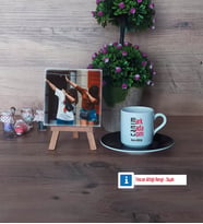 Arkadaşa Hediye Fotoğraflı Dekoratif Taş, Ahşap Altlıklı Türk Kahvesi Fincanı Hediye (Model 7)