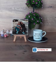 Kuzene Hediye Fotoğraflı Dekoratif Taş, Ahşap Altlıklı Türk Kahvesi Fincanı Hediye (Model 7)