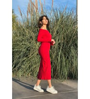 Nare Madonna Yaka Siyah Kaşkorse Midi Elbise (Kırmızı)