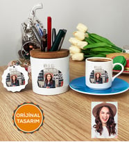 Kişiye Özel Karikatürlü Patron Hediye Seti Türk Kahvesi Fincanı, Kalemlik, Anahtarlık Big Boss Kadın Patrona Doğum Günü Hediyesi (Mavi)