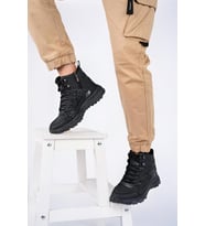 Muggo İZLAND Unisex Garantili Trekking Outdoor Bağcıklı Yandan Fermuarlı Kışlık Bot (Siyah-Siyah)
