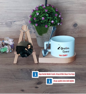 Öğretim Üyesi Kupa Bardak Beyaz ve Fotoğraflı Ahşap Anahtarlık Hediye Öğretmenler Günü Hediyesi (Model 8)