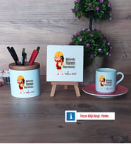 Mühendisler Günü Hediyesi Hediye Seti Dekoratif Taş, Kalemlik, Ahşap Altlıklı Türk Kahvesi Fincanı Hediye (Model 6)