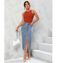 PASS&PASS 2100-ETEK Kadın Likralı Önden Yırtmaçlı Jeans Kot Denim Uzun Etek (Kar Beyaz)