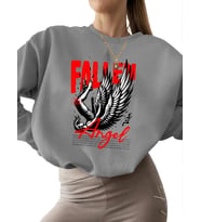 erkek bisiklet yaka Bej Sweatshirt Sweatshirt Düşmüş melek Baskılı 3 iplik şardonlu kadın unisex (Gri)
