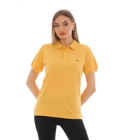 Kadın  Pamuklu Likralı Polo Yaka Kısa Kollu Nakışlı Tişört (Hardal Sarısı)