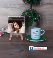 Öğretmene Hediye Fotoğraflı Dekoratif Taş, Ahşap Altlıklı Türk Kahvesi Fincanı Hediye Öğretmenler Günü Hediyesi (Model 9)