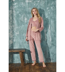 Kadın Crop Fransız Kadife Sabahlıklı Dantel Detaylı Bralet Pijama Takımı 3lü Set (Pudra)