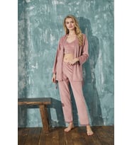 Kadın Crop Fransız Kadife Sabahlıklı Dantel Detaylı Bralet Pijama Takımı 3lü Set (Pudra)