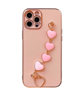 Ally iPhone 11 Pro Max 6.5inç Kılıf Kalp Bileklik Tutuculu Lüx Silikon Askılı Kılıf (Pembe)