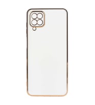 Samsung Galaxy A12 Kılıf Kenarları Gold Kamera Korumalı Renkli Pastel Silikon Mavi Açık BARK (Beyaz)