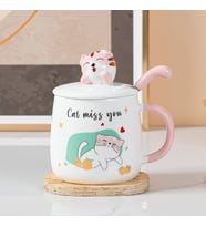 Sevimli Kedi Seramik Kupa, Gri, 12x8 (Pembe)