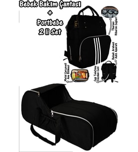 Portbebe Ana Kucağı Puset Bebek Taşıma + Anne Bebek Bakım Çantası 2 li Set (Siyah - Beyaz)