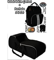 Portbebe Ana Kucağı Puset Bebek Taşıma + Anne Bebek Bakım Çantası 2 li Set (Siyah - Beyaz)