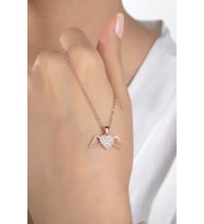 Kadın Orjinal 925 Ayar Gümüş Zirkon Taşlı Melek Kanatlı Kalp Model Kolye (Rose)