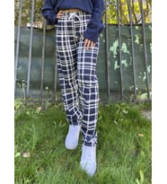 Kadın Pamuklu Ekose Desenli Pijama Altı Eşofman Kurdeleli Beyaz Lacivert Kare (Lacivert - Beyaz) (Lacivert-Beyaz)