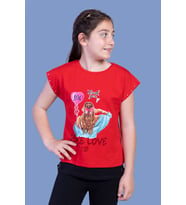Toontoy Kız Çocuk Garni Detaylı Taş İşlemeli Baskılı Tişört (Kırmızı)