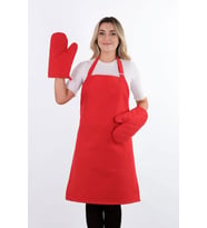 Simple 3'lü Set Ayar Askılı Cepli Mutfak Önlüğü Seti (2 ELDİVEN) Şef Garson Kafe Aşçı Barista (Kırmızı)