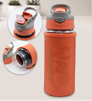 Kişiye Özel Deri Kılıflı Pipetli 500 Ml Cam Matara (Turuncu)