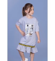 Toontoy Kız Çocuk Dijital Baskılı Büzgülü Şerit Detaylı Elbise ( Gri-Melanj)