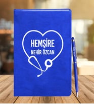 Kişiye Özel Hemşire Tasarımlı Deri Defter Ve Metal Roller Kalem (Mavi)