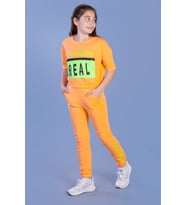 Toontoy Kız Çocuk Crop Model Cep Detaylı Baskılı Eşofman Takımı (Turuncu)