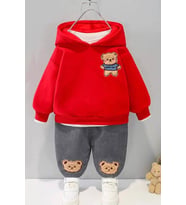 Toy Ayı Görselli Kapşonlu Zarif Bebek Takım (Kırmızı)