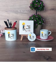 Mühendisler Günü Hediyesi Hediye Seti Dekoratif Taş, Kalemlik, Ahşap Altlıklı Türk Kahvesi Fincanı, Ahşap Anahtarlık Hediye (Model 6)