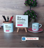 Kız Kardeş Hediye Seti Dekoratif Taş, Kalemlik, Ahşap Altlıklı Türk Kahvesi Fincanı Hediye (Model 6)
