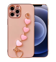 Ally iPhone 12 Pro Max 6.7inç Kılıf Kalp Bileklik Tutuculu Lüx Silikon Askılı Kılıf (Pembe)