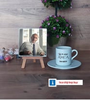 Amcaya Hediye Fotoğraflı Dekoratif Taş, Ahşap Altlıklı Türk Kahvesi Fincanı Hediye (Model 2)